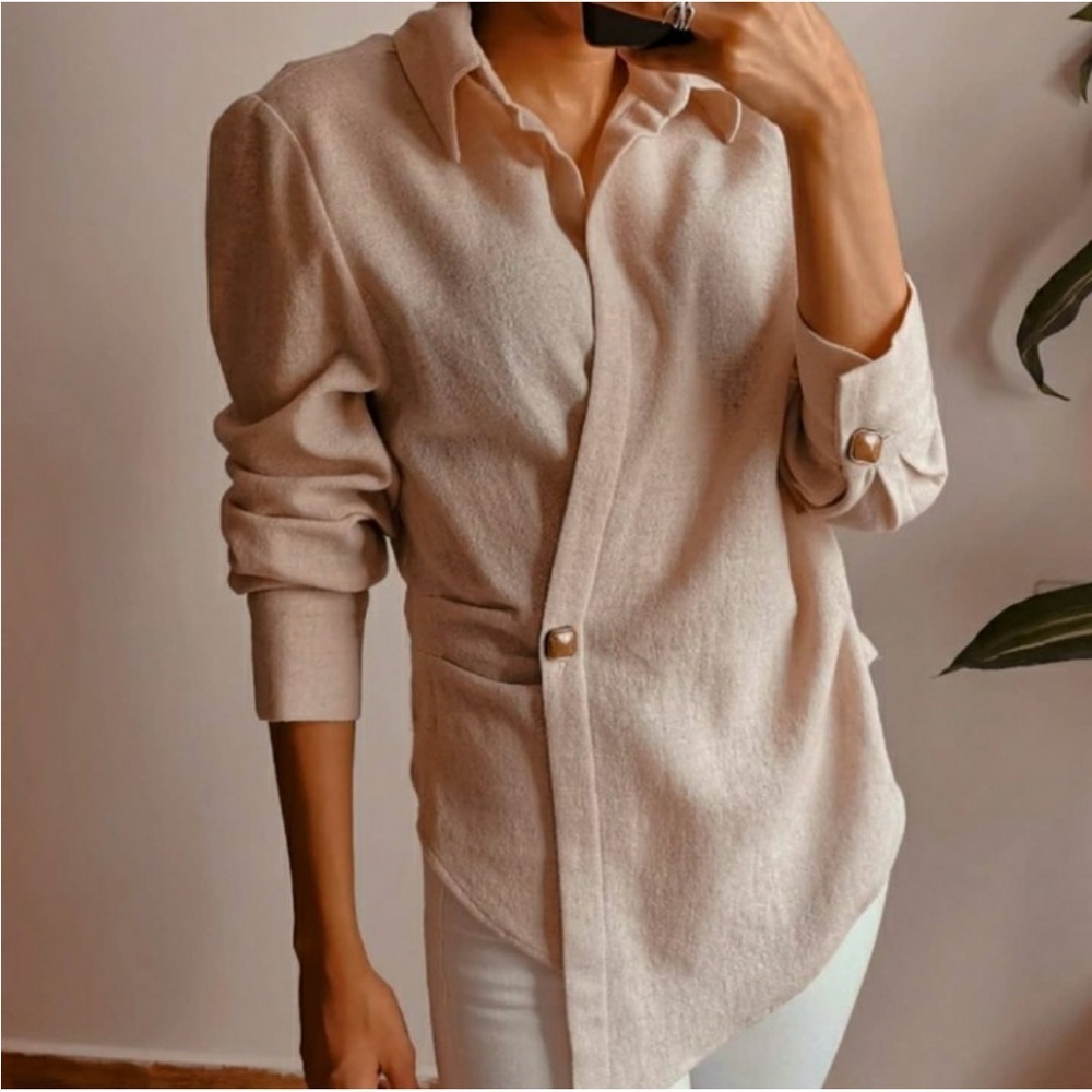 Zara Wool Blend Double Breasted Long Sleeve Shirt in Ecru Beige Size XL